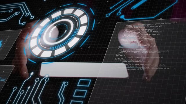 Glowing radial UI appearing, hands rotating disk and scrolling panel, revealing code for control