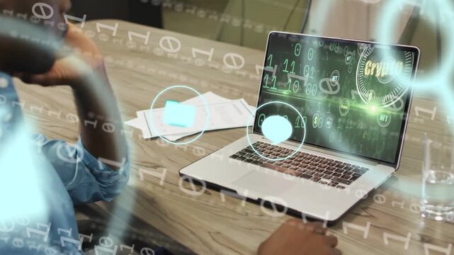 Man touching pad, initiating messaging icons moving over laptop into dollar sign for crypto review