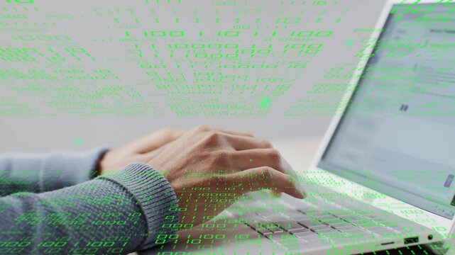 Man pressing keys and coding on laptop for work, green numeric overlay shifting across keyboard