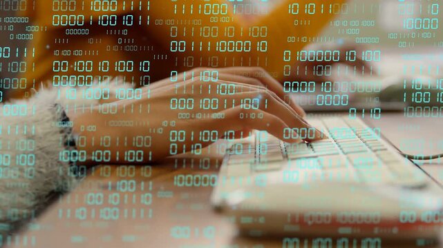 Person's hands hovering then typing, reaching mouse and clicking to navigate with turquoise binary