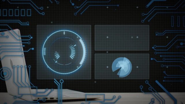 Three-panel HUD animating after laptop wake signal, rotating radar and morphing donut to show data