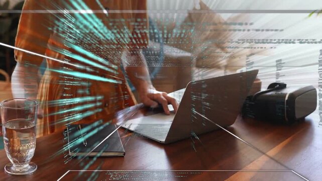 Woman placing hands on laptop, typing and reaching glass, code overlay intensifying for remote work