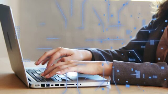 Woman placing hands on laptop, typing and tapping trackpad, causing blue circuit overlay for tech