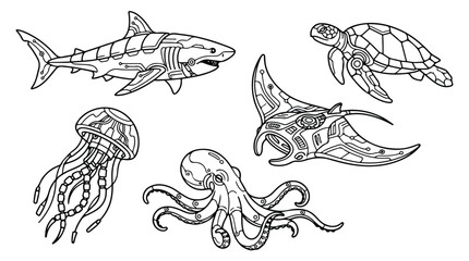 Cyberpunk sea animals vector set, futuristic mechanical marine life illustrations, robotic shark and octopus line art, 5 sci-fi ocean creatures © Sidra
