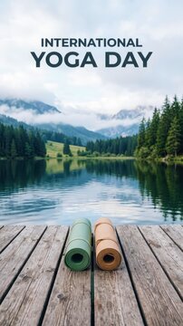 International yoga day lettering above mountain lake at sunrise, yoga mats on wooden pier, outdoor meditation retreat, anxiety relief breathing, somatic wellness, trauma informed practice, calm