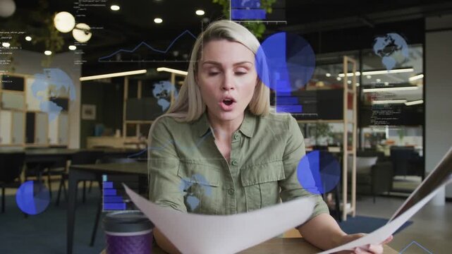 Woman reviewing docs and scanning pages in office, causing blue data overlays, reacting, refocusing