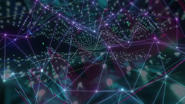 Neon lines fading in starting mesh, particle waves moving forward, charts rising to show data