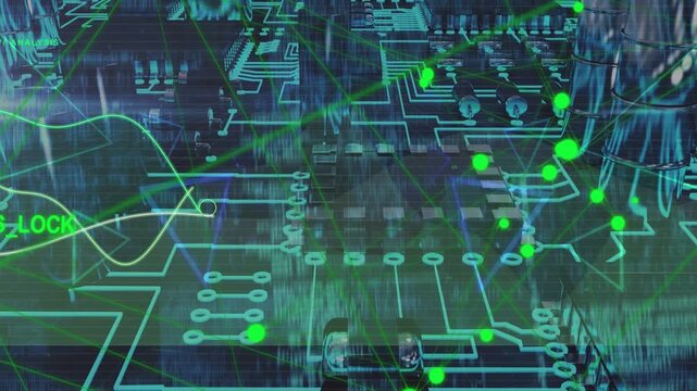 GPS_LOCK flashing sparking nodes moving on neon traces waves crossing and mapping vehicle via chip
