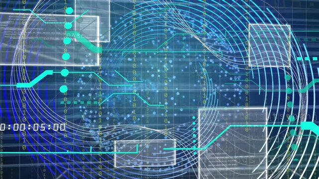 Timecode ticking starting central data core growing, rings spinning, panels shifting, showing stats