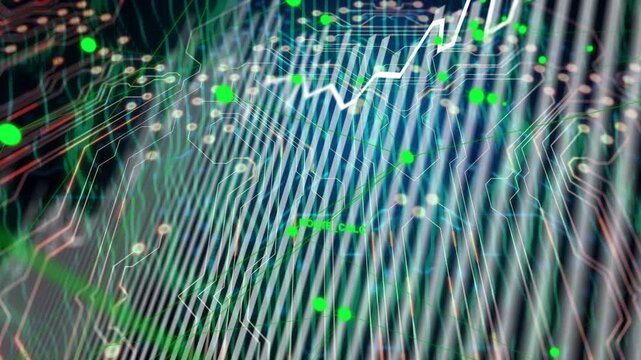 Layered digital data visualization responding to node activation, chart rising to show data growth