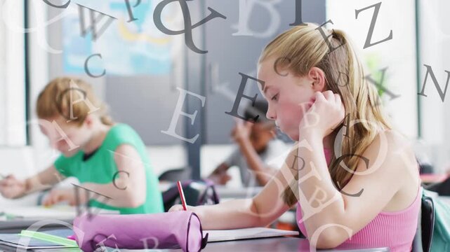 Girl in pink tank writing classroom work on teacher prompt while letters drifting across frame