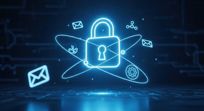 Padlock icon with emails and connections on blue background
