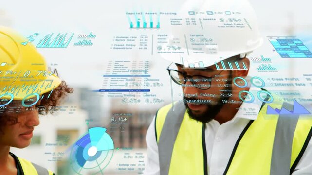 Site tech and site manager tapping device, revealing AR charts and coordinating building tasks