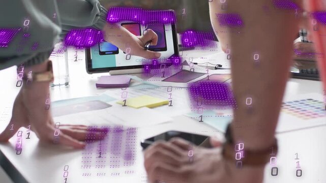 Design lead tapping tablet with stylus, team shifting mockups purple overlay growing for UX review