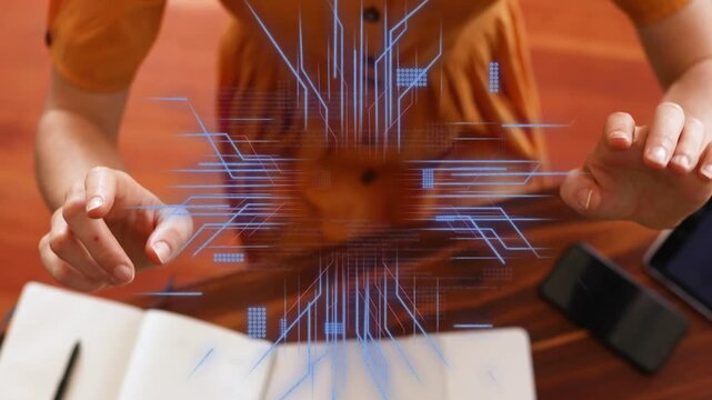 Hands hovering above laptop starting hologram, woman using UI, placing VR headset for tech demo