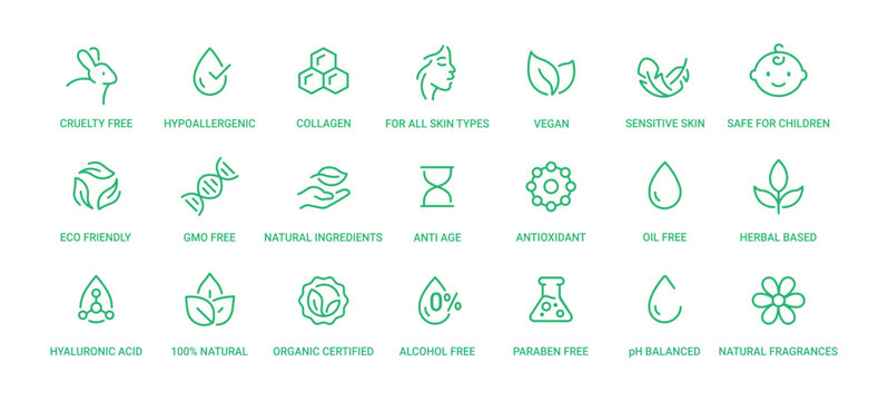 Eco Friendly Product Certification Icons Set Featuring Cruelty Free Vegan Organic Fair Trade Biodegradable Recyclable Paraben Free Sulfate Free and Hypoallergenic Labels for Sustainable Packaging Vect