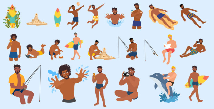 various men enjoying beach activities during summer bundle set