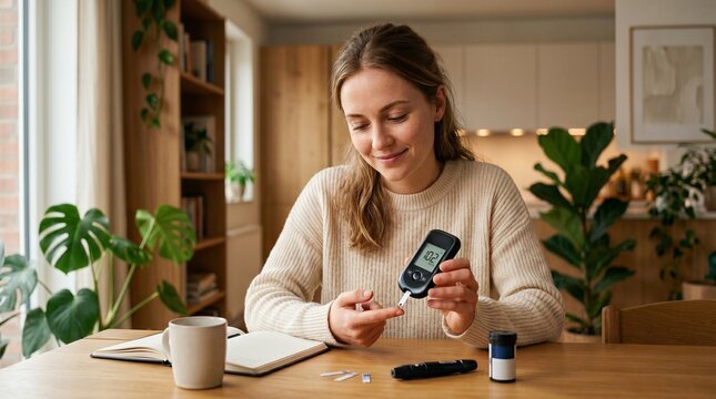 A young woman sitting at a kitchen table, smiling while checking her blood sugar levels with a digital glucose meter