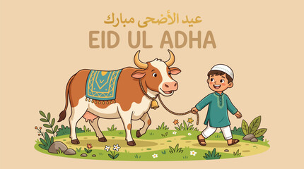Fototapeta premium Eid ul Adha Cartoon Illustration of Cute Muslim Boy Leading a Sacrificial Cow on Eid Day