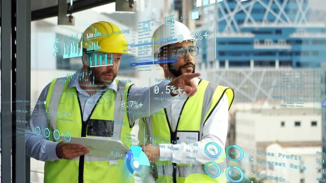 White-hat eng pointing, yellow-hat lead checking plans, inspecting construction with overlay charts