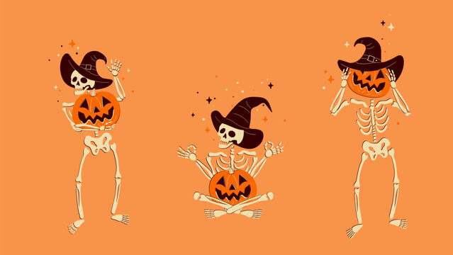 Skeletons Doing Things with Pumpkins Set