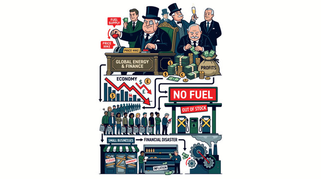 Illustration of a group of businesspeople discussing fuel supply and economics with graphs and industrial equipment in a cartoon style with a mix of green and industrial colors on a white