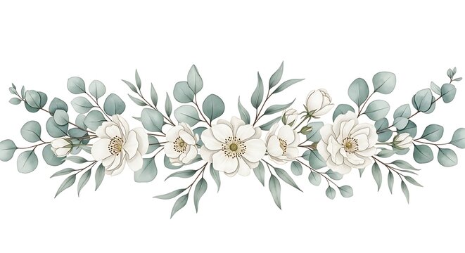 Watercolor white anemone flower horizontal border with dusty eucalyptus foliage
