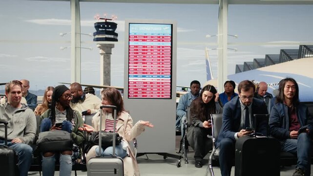Multiethnic crowd waits in an airport after global disruption delays flights, with upset tourists and cancelled international departures at the gate.