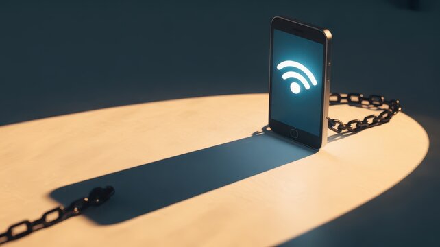Smartphone with glowing Wi-Fi icon chained to table representing internet addiction and digital entrapment