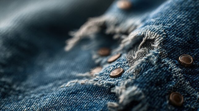 frayed. Close-up of frayed denim revealing metal rivets. tutorial guides, club newsletters, designed for tourism and weekend activity guides, drives community engagement.