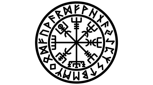Intricate Vegvisir Symbol Depicted in Detailed Black and White Design.