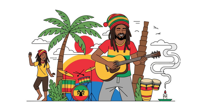 International Reggae Day celebration with musician playing guitar on sunny beach