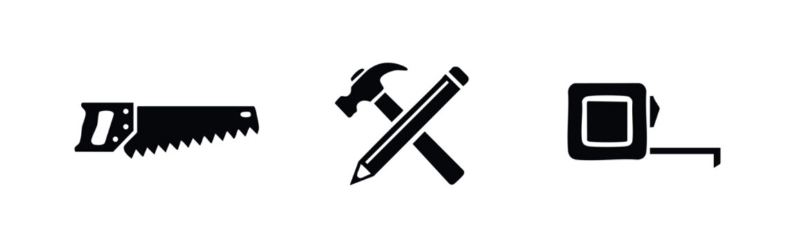 Hand tools icons: saw, hammer with pencil, and tape measure
