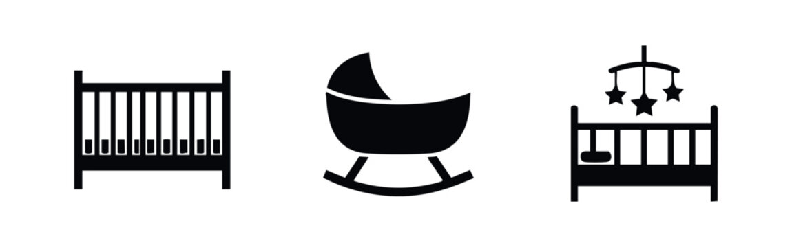 Baby crib and bassinet furniture icons with mobile