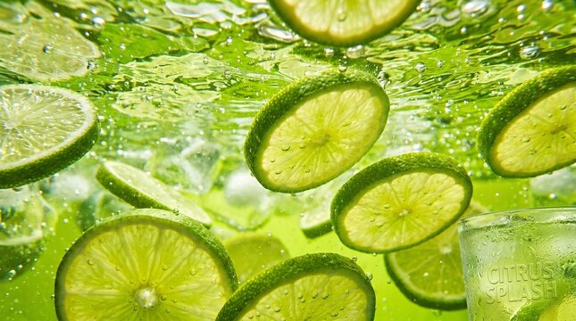 Lime slices floating in a refreshing glass of water with bubbles perfect for summer drinks and healthy hydration