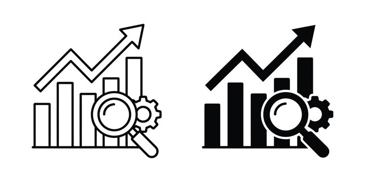 Business growth icon vector set of analytics bar chart with magnifying glass in outline and solid styles