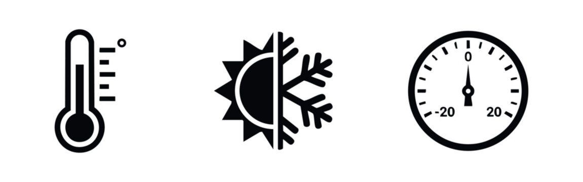 Temperature and Climate Icons Set: Hot and Cold Weather Conditions, Thermometer and Gauge Silhouettes