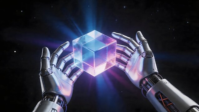 Robot hands holding glowing cube