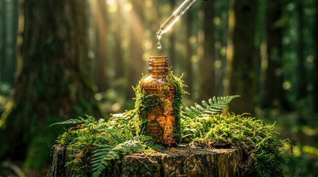 Natural Essential Oil Dropper Bottle Surrounded by Lush Greenery in Sunlit Forest.