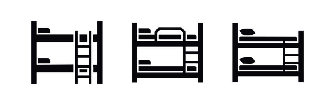 Bunk beds icon set. Hostel, dormitory, and shared accommodation symbols.