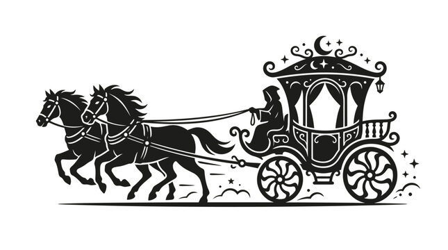 Ornate Horse Drawn Carriage with Two Horses and Driver.