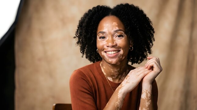 Portrait of young woman with vitiligo, beauty diversity concept, studio lighting, empowering representation