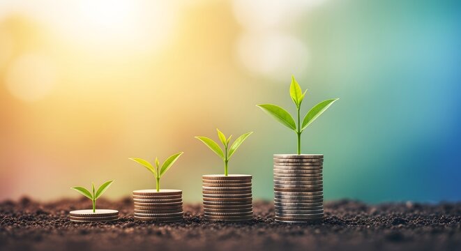 Tiered financial investment and incremental savings. Wealth accumulation. Different heights of coin stacks with growing green leaves on fertile ground under a warm sunset glow