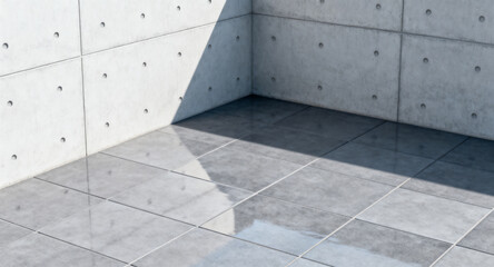 Fototapeta premium Minimalist concrete room corner with modern tiled floor and dramatic shadow. A clean, pristine architectural backdrop for product display or abstract concepts