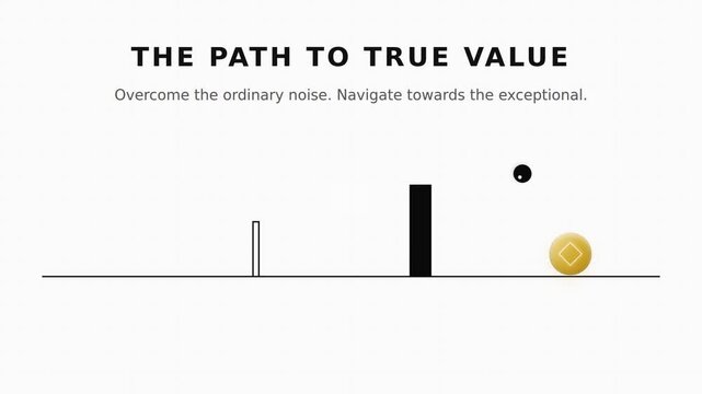 Minimalist 2D animated character moving across a clean white background. Overcoming line art obstacles in a forward journey. Discovering an elegant golden circle product