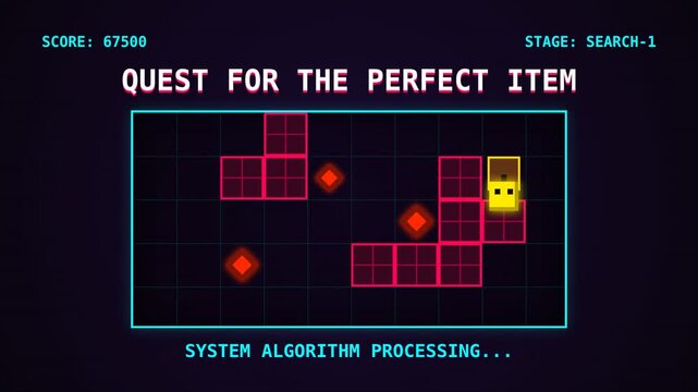8-bit pixel art hero exploring a retro game map. Animated character dodging traps to find a purchase. Opening a glowing treasure chest in a dynamic 2D arcade animation