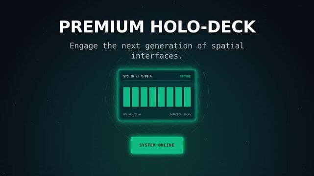 User interacts with floating glowing holograms. Pressing virtual order button illuminates dark space. Dynamic lighting shifts across premium futuristic UI in cyan and emerald