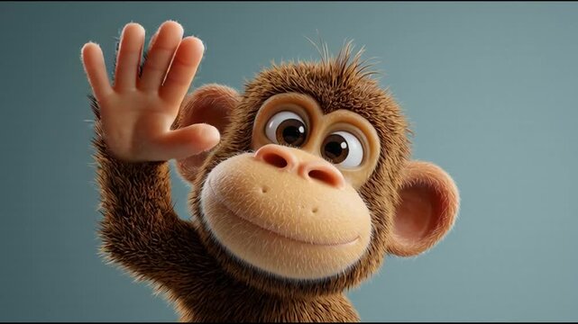 Friendly cartoon monkey waving hello with a cheerful expression and big eyes, isolated on a soft blue background