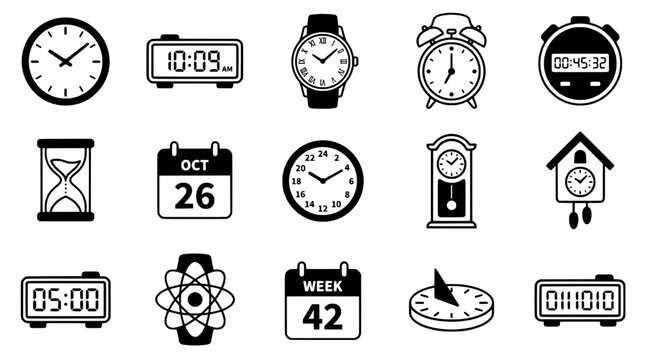 Clocks set with various timekeeping devices including analog and digital styles featuring wristwatch, alarm clock, stopwatch with hourglass and