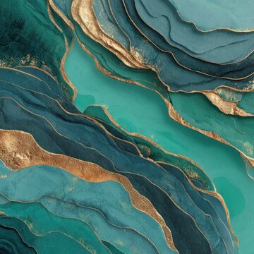 Abstract flowing layers of teal and dark blue intersect with striking metallic gold veins